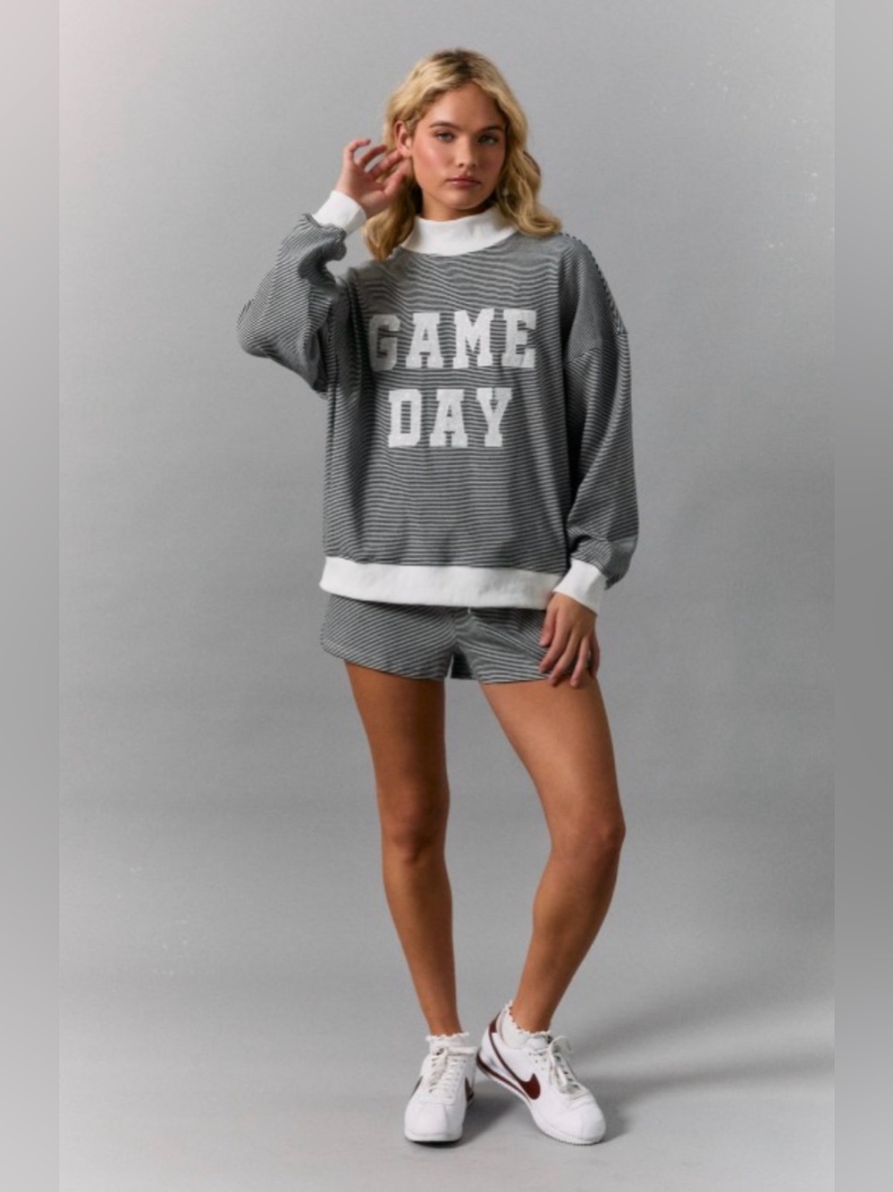 GAME DAY Gray Striped Mock Neck